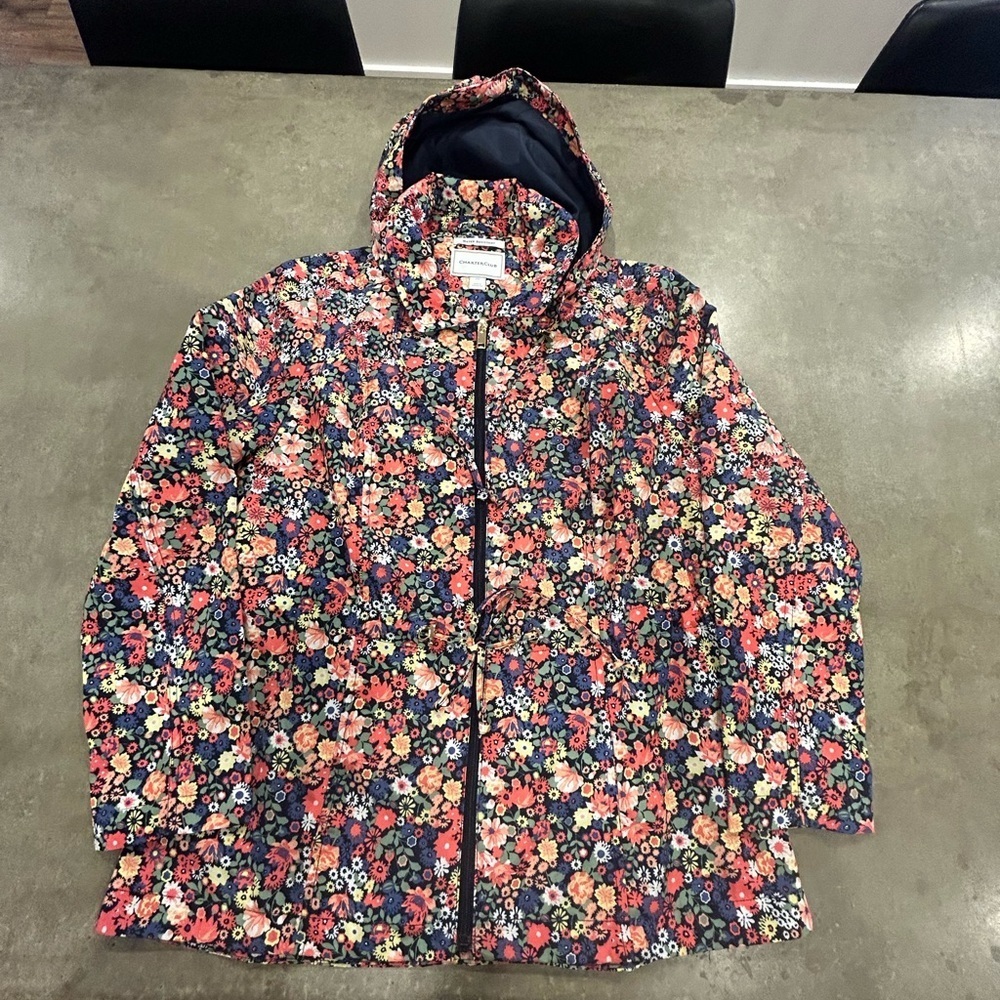 Charter Club hooded floral jacket. Full zip closure. Small petite. Gold detail.